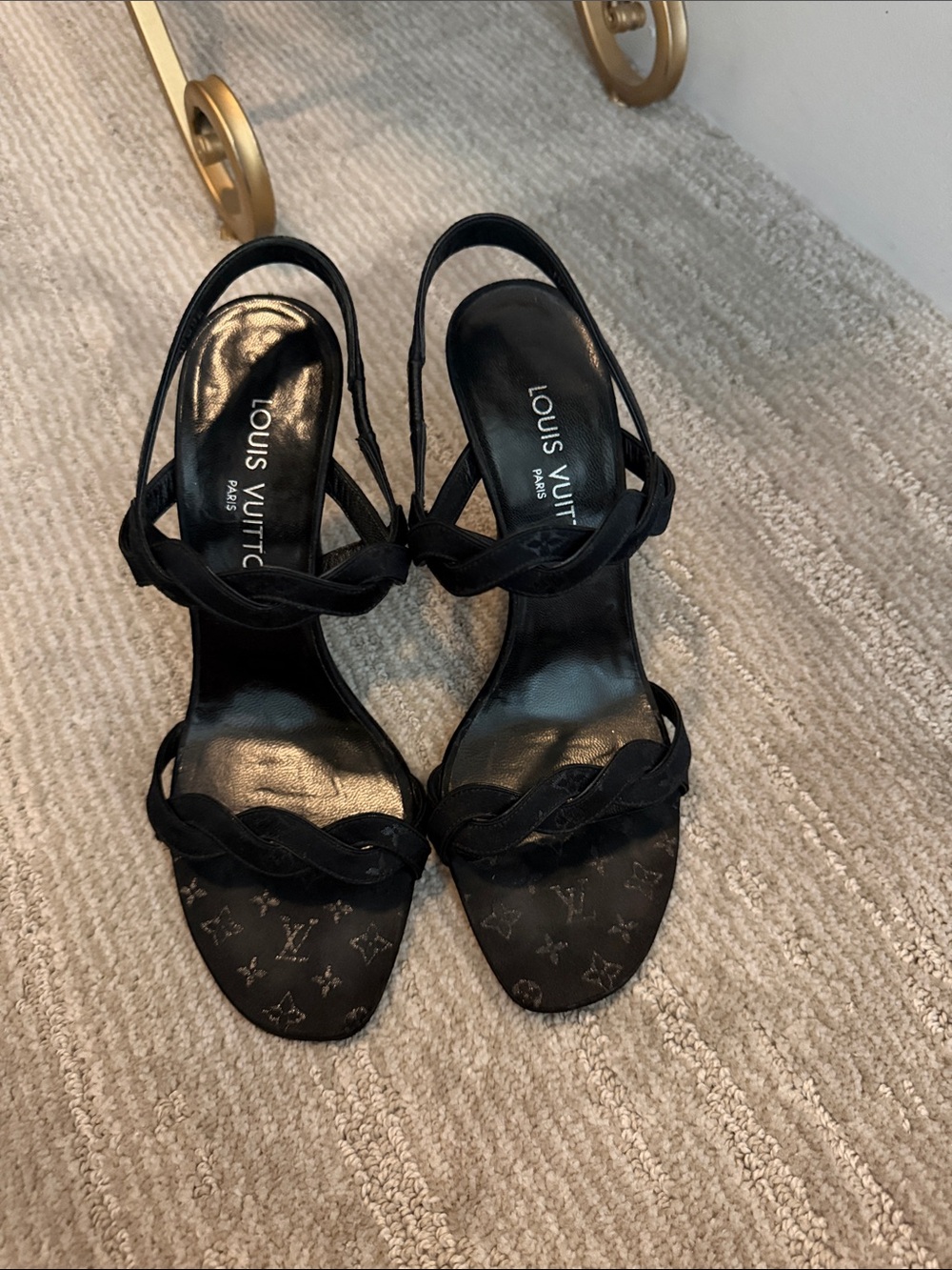 Louis Vuitton Black Braided Strap Monogram Slingback Heels